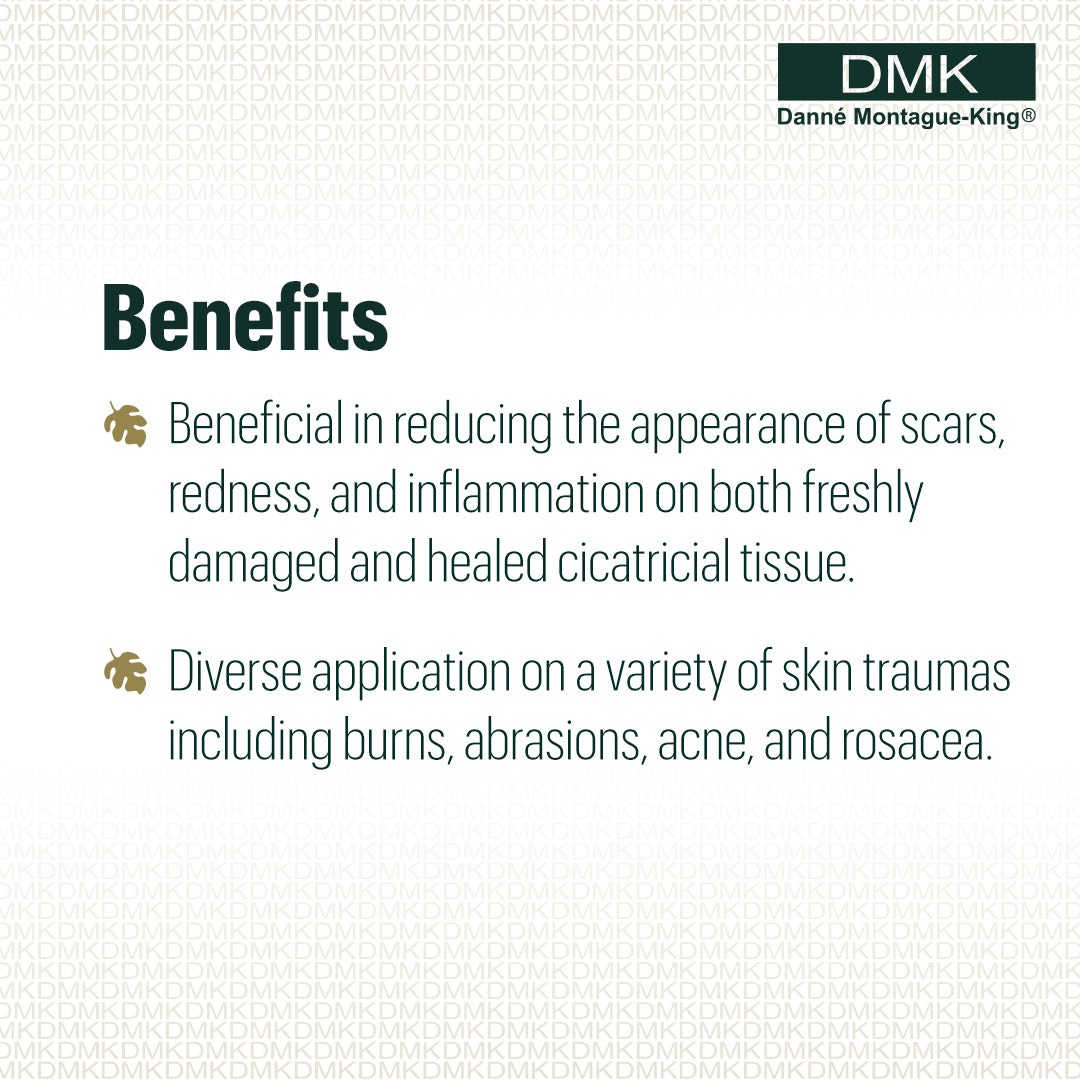 A text-based benefits graphic for DMK Beta Gel, showing the brand logo in the top right and two bullet points describing skin-healing benefits, including reduction of scars, redness, and inflammation on burns, abrasions, acne, and rosacea.