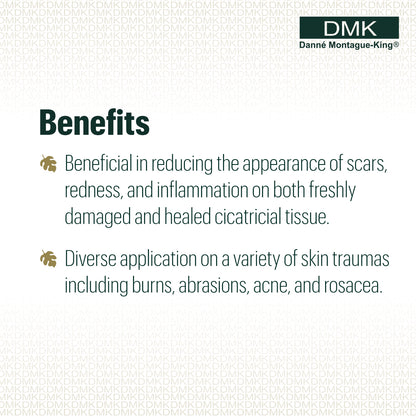A text-based benefits graphic for DMK Beta Gel, showing the brand logo in the top right and two bullet points describing skin-healing benefits, including reduction of scars, redness, and inflammation on burns, abrasions, acne, and rosacea.