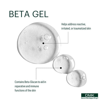 Promotional graphic for DMK Beta Gel featuring three translucent gel droplets on a white background with explanatory text about benefits and ingredients. Helps address reactive, irrtated or traumatised skin. Contains Beta-Glucan to aid in reparative and immune functions of the skin.