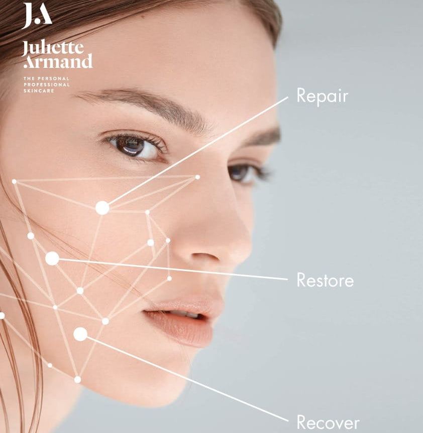 Advertisement for Juliette Armand Ceramide Therapy with a woman's face and text on a gray background