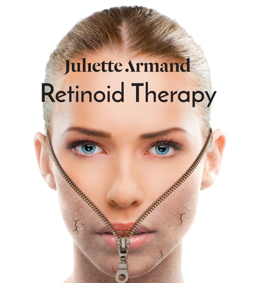 Advertisement for Juliette Armand Retinoid Therapy with a woman's face showing skin treatment effects.
