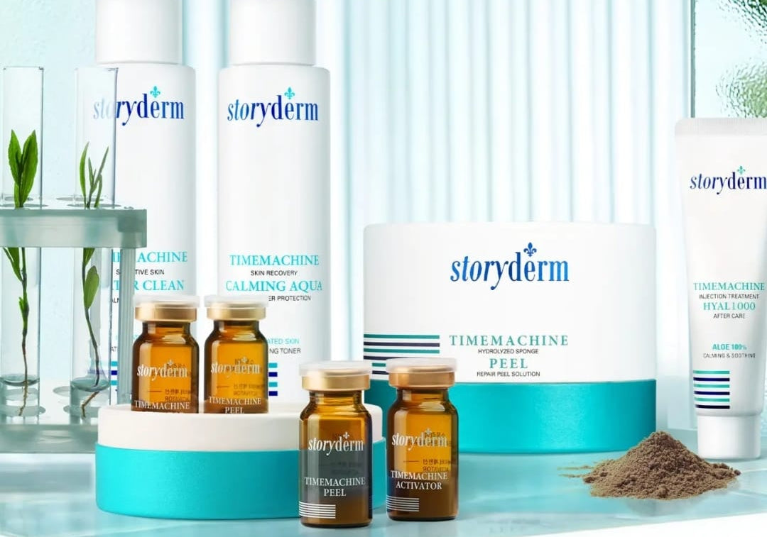Storyderm skincare products on a white surface with a light blue curtain background