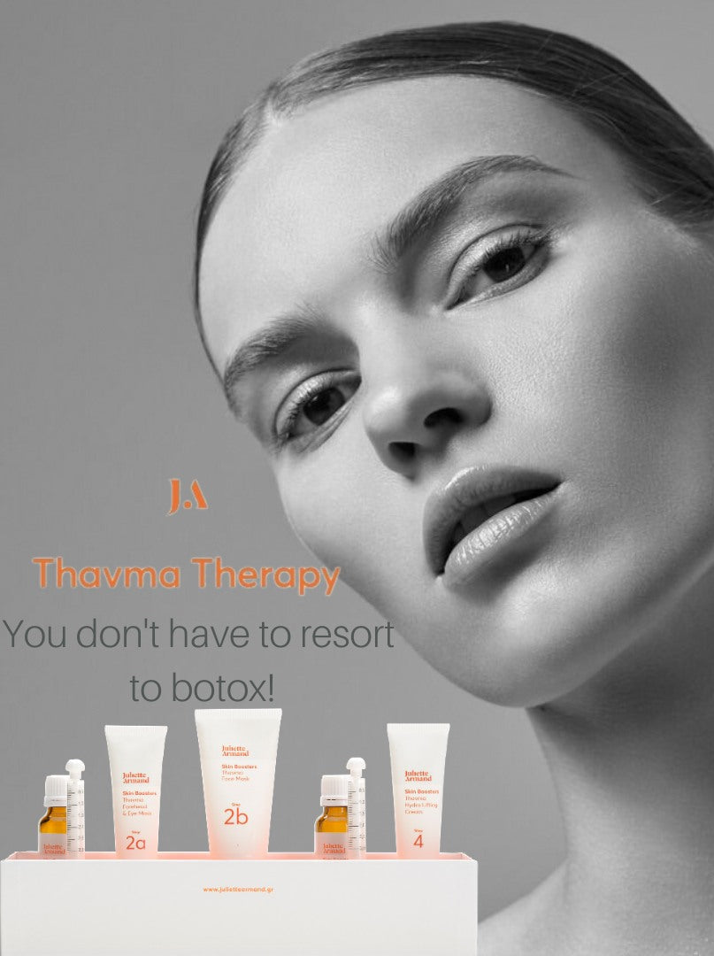 Advertisement for J.A Thavma Therapy skincare products with a woman's face and products displayed.